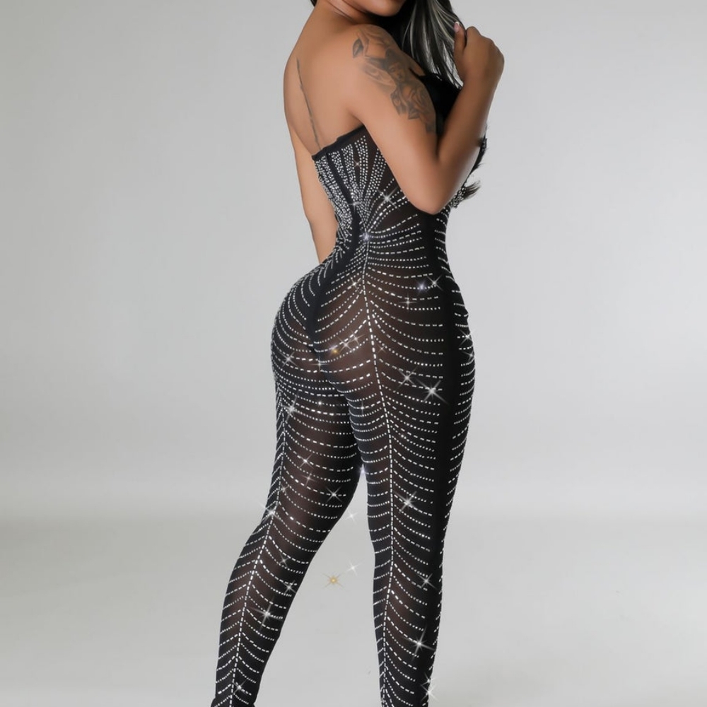 Rhinestone detailed mesh jumpsuit